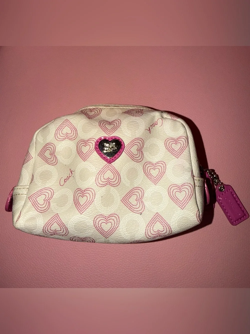 Coach White and Pink Waverly Hearts Small Cosmetic Pouch